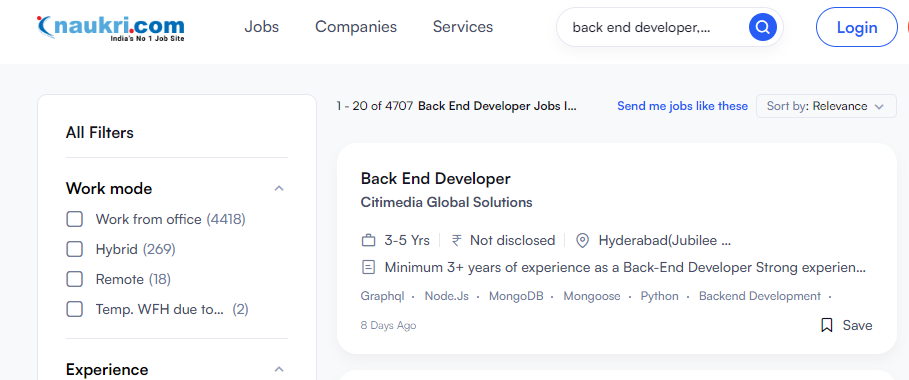 naukri job opportunities for back end developer